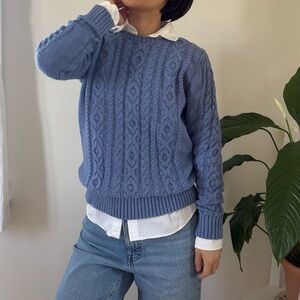 LL Bean 100% Cotton Cable Knit Sweater Blue Preppy Cottagecore Size Small
